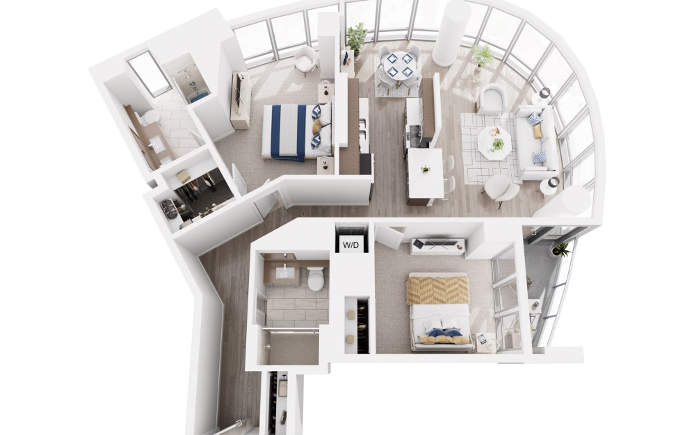 B2 - 2 bedroom floorplan layout with 2 bathrooms and 1223 square feet (3D)