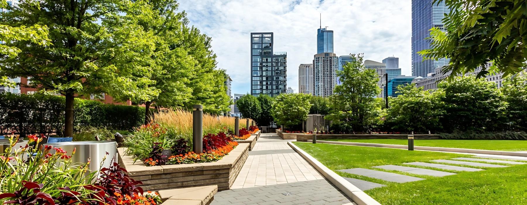 a walkway with trees and plants with buildings in the background
