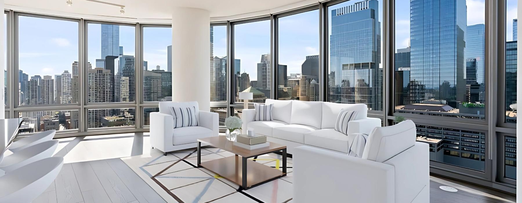 a room with a large window and a large white couch and a table